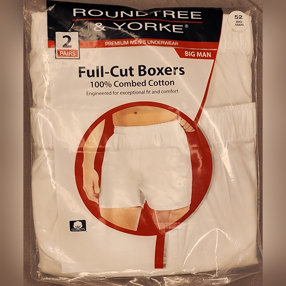 ROUNDTREE & YORKE® BIG MAN, Size 52 PREMIUM MEN'S UNDERWEAR WHITE Boxers 2 Pairs